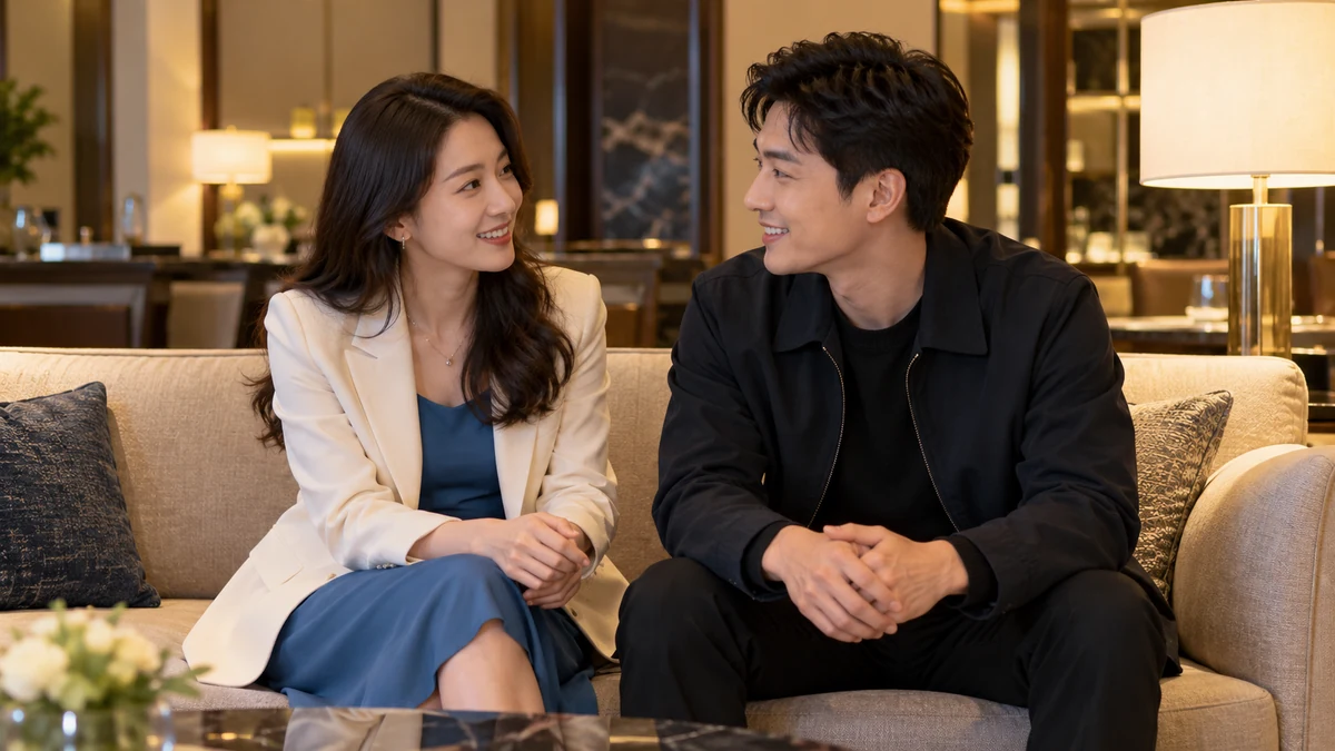 一对成年男女穿浅色外套与深色夹克，在暖灯酒店休息区沙发上交谈